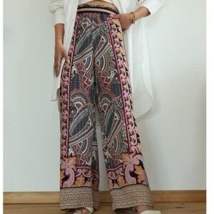 🌿 Maeve by Anthropologie Boho Paisley Border Wide-Leg Pants (Size Large)